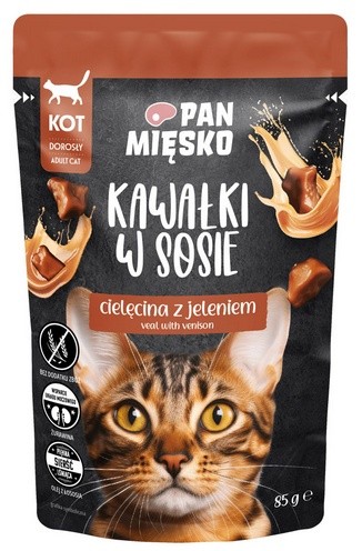 Pan Mięsko Karma mokra dla kota - cielęcina i jeleń kawałki w sosie saszetka 85g